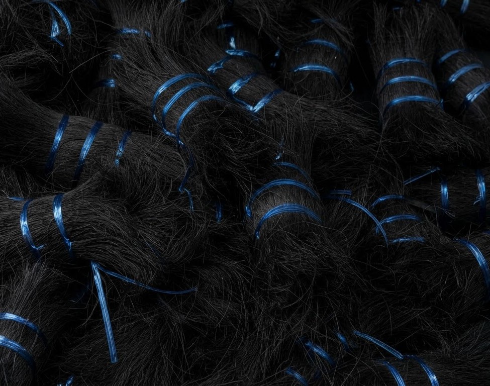 CCF Factory finished black dyed coir bristle hanks strapped with blue bands